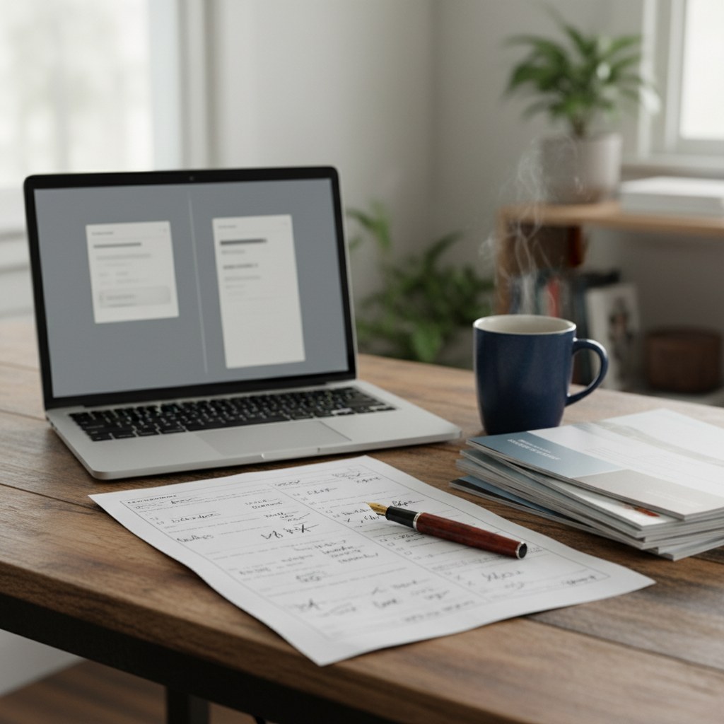 Reviewer comparison desk with laptop side-by-side view, evaluation worksheet, and vendor brochures